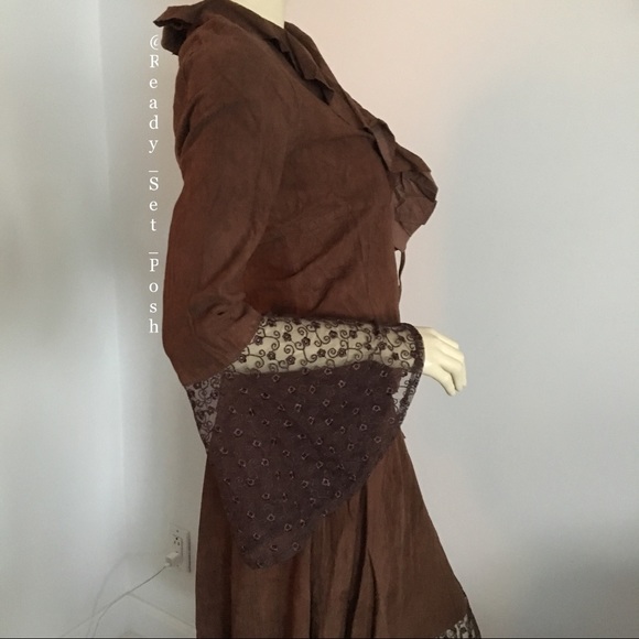 Brown suede tie front bell sleeved jacket w/ruffle neckline size small - Picture 5 of 7